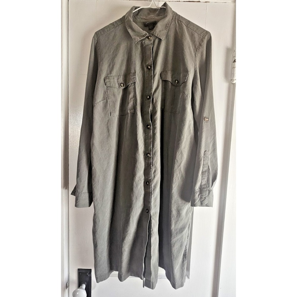 J.JILL 100% Lyocell shirtdress‎ side slits rolled tab sleeve green womans M